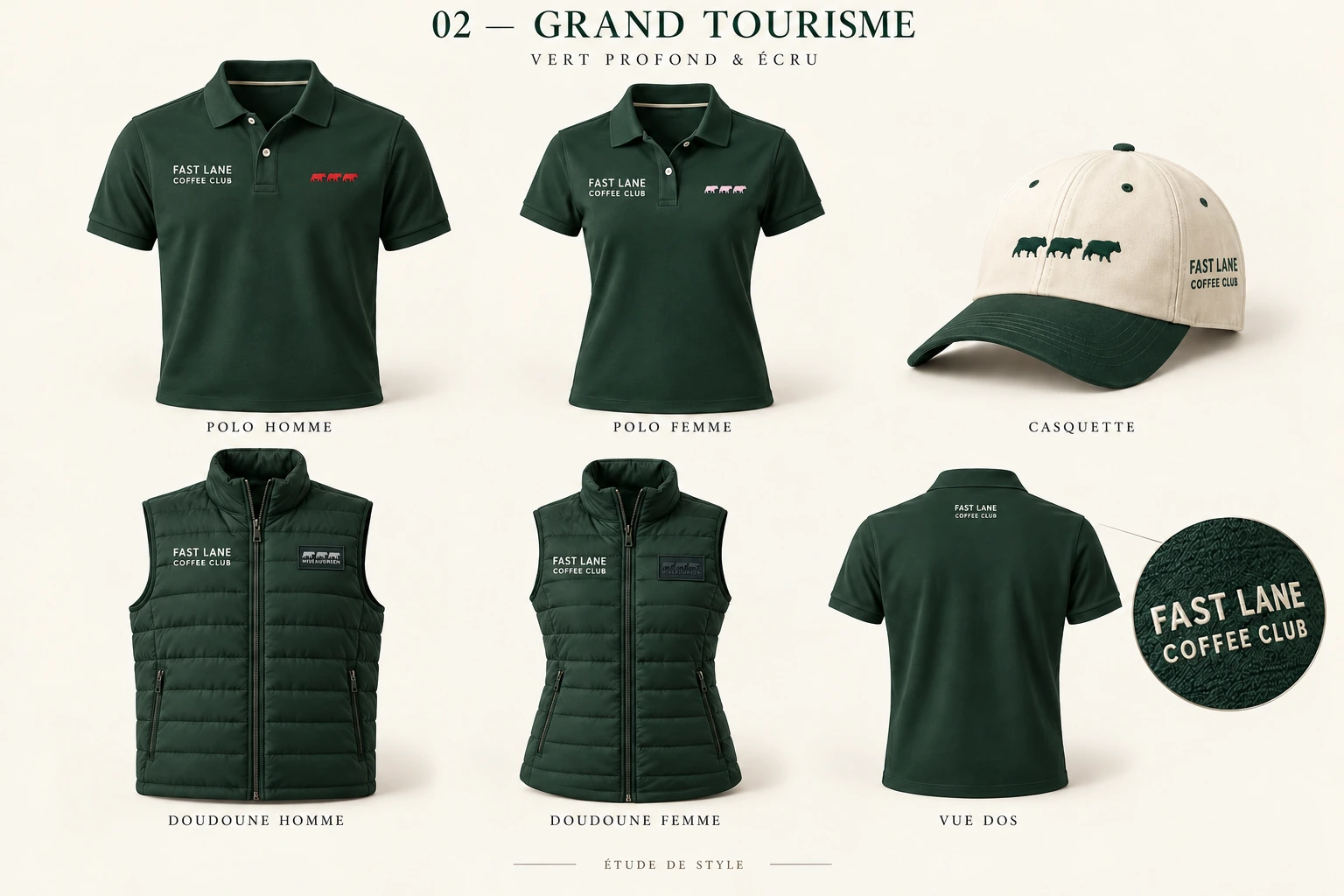 Collection Grand Tourisme : polos et doudounes sans manches homme et femme vert profond, casquette écrue et verte, avec les broderies du Club et les logos Mise au Green.