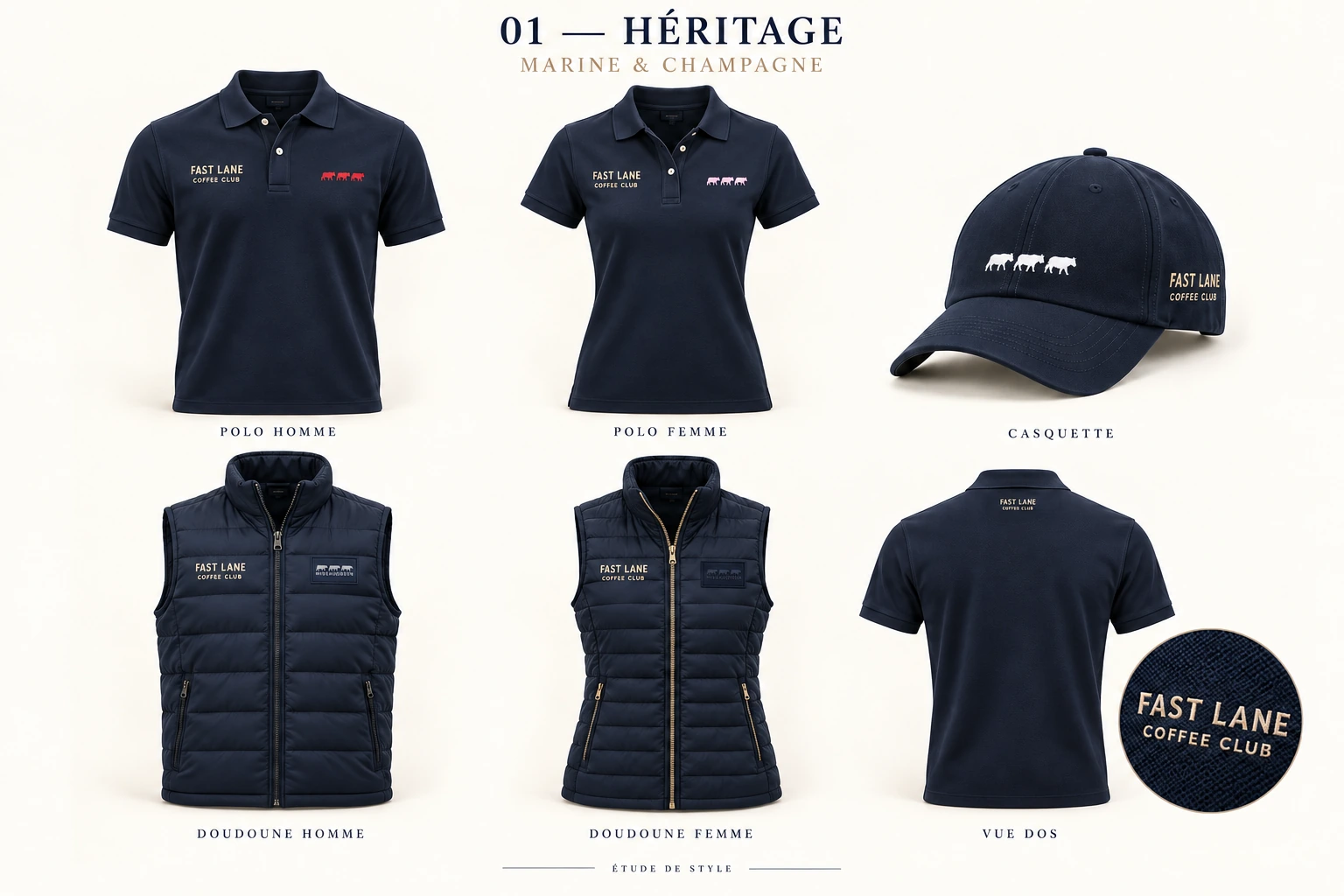 Collection Héritage : polos homme et femme, doudounes sans manches et casquette marine, broderies Le Cercle du Volant et logos Mise au Green.