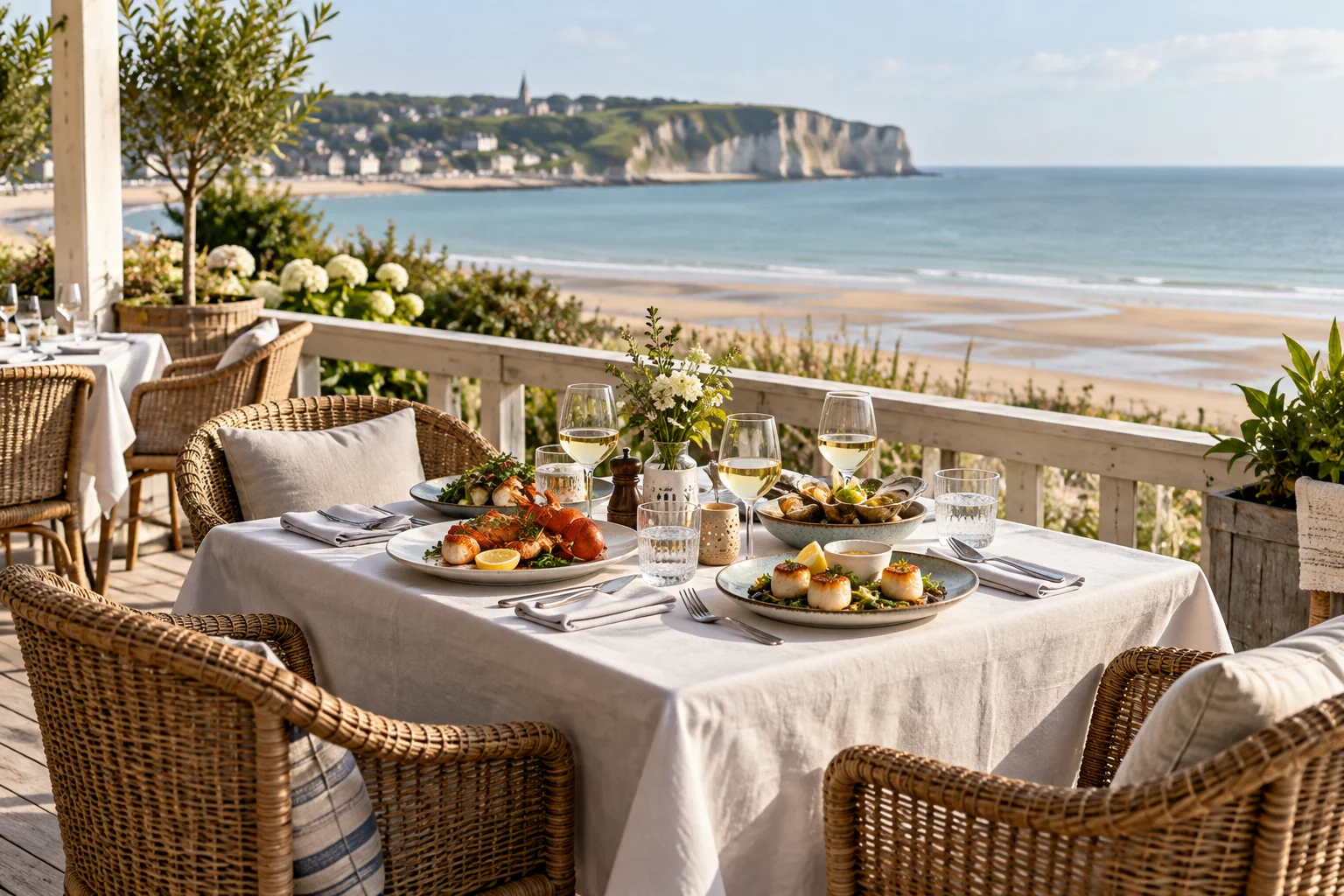 Une table dressée sur une terrasse de restaurant face à la mer, illustration d’ambiance.