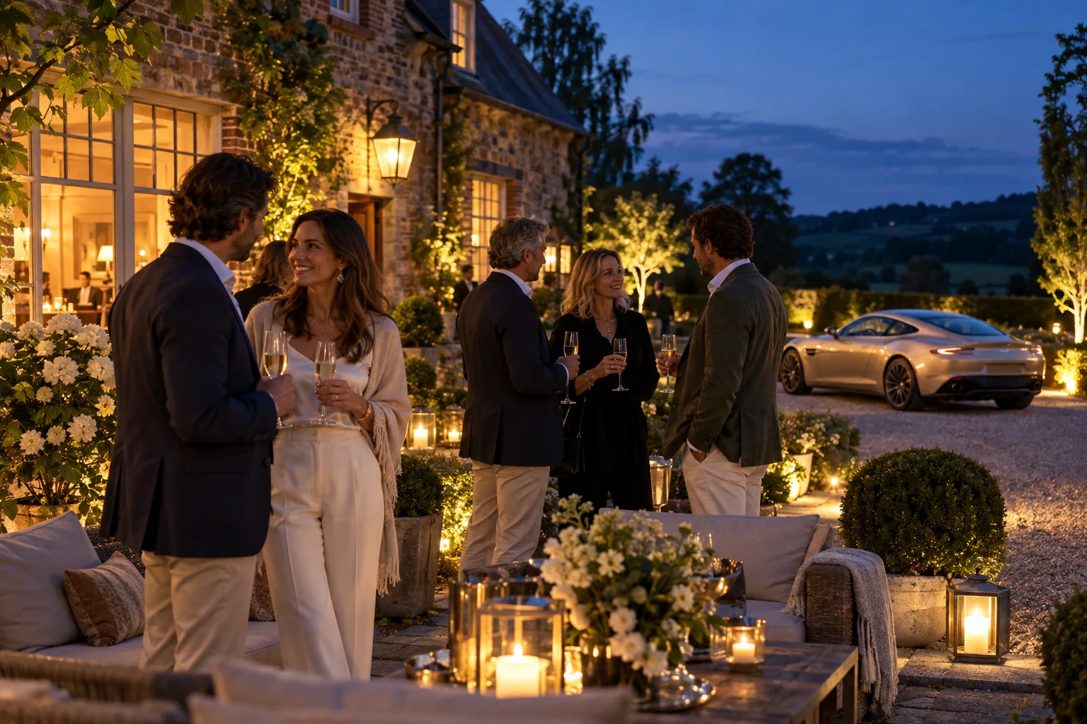 Des passionnés réunis pour un accueil convivial dans un jardin à la tombée du jour, illustration d’ambiance.