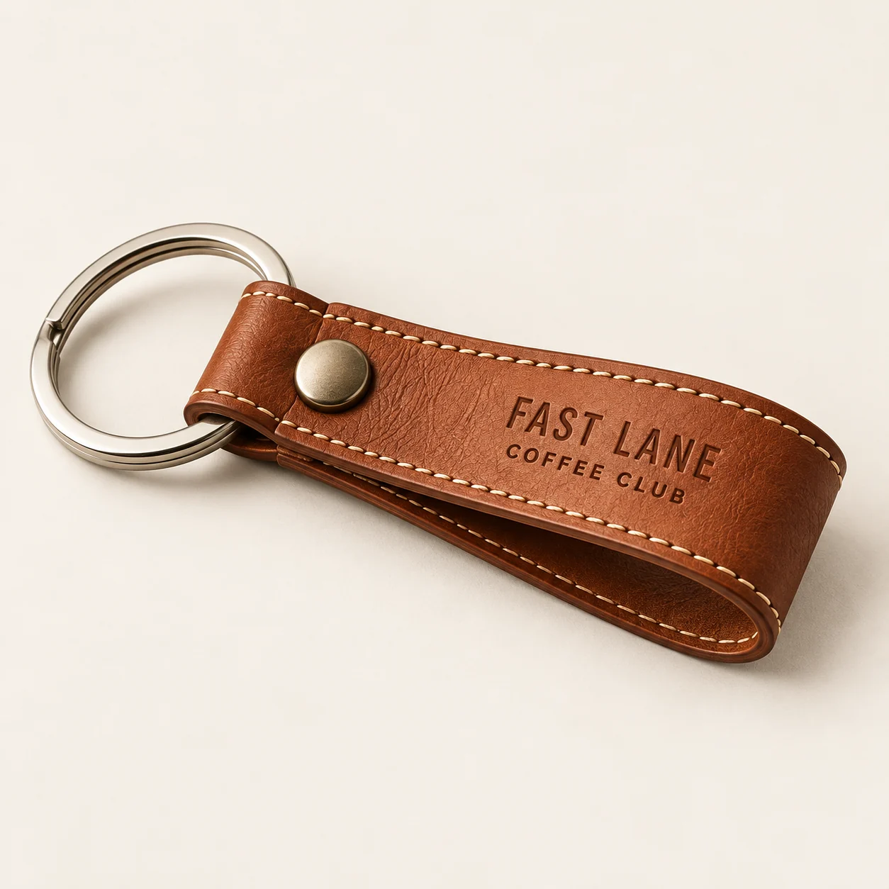 Porte-clés cognac à surpiqûres claires et anneau métallique, marqué Le Cercle du Volant.
