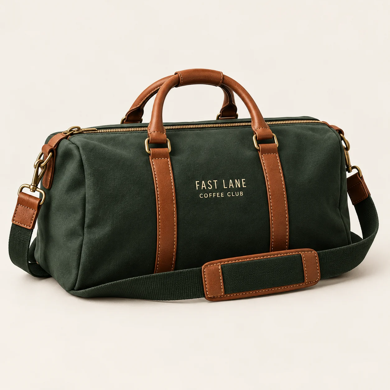 Sac week-end vert profond à poignées et détails cognac, signé Le Cercle du Volant.