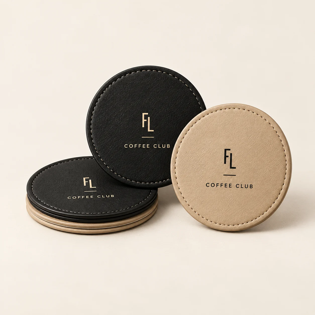 Ensemble de sous-verres ronds noirs et sable portant l’emblème du Club.